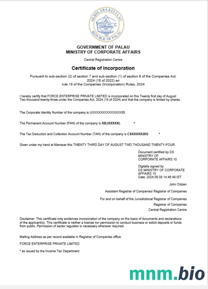 Palau business registration vcertyfikat Word i szablon PDF